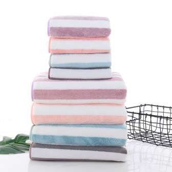 Striped Coral Fleece Bath Towel for Adult Household Men and Women Fast Absorbent Wrapped Velvet Towel